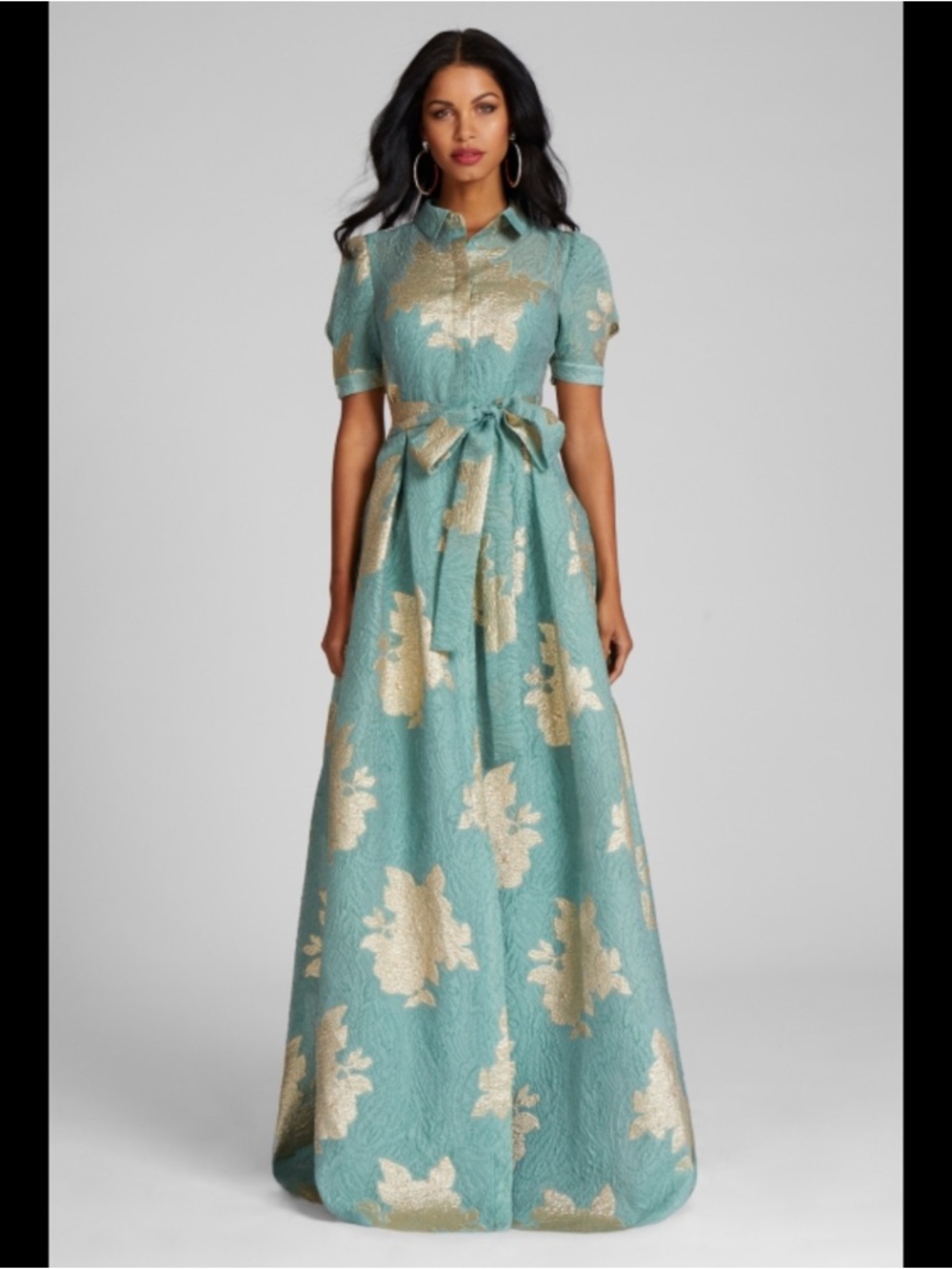 Teri Jon Teal and Gold Floral Jacquard Maxi Dress with Tie Waist